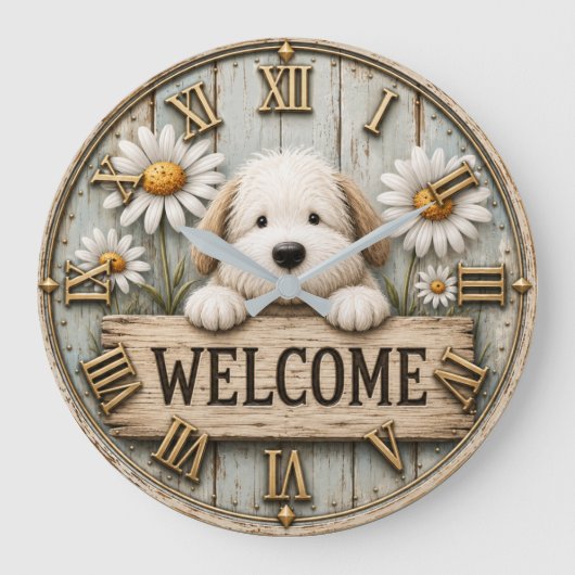 Rustic Welcome Puppy with Daisies Farmhouse Grote Klok (Voorkant)