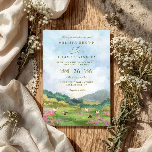 Rustic Western Barn Countryside QR Code Wedding Kaart