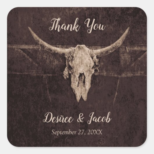 Rustic Western Bull Skull Wedding Country Texture Vierkante Sticker (Voorkant)