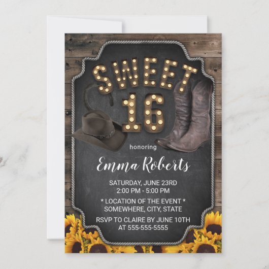 Rustic Western Cowgirl  Sunflower Sweet 16 Kaart (Voorkant)