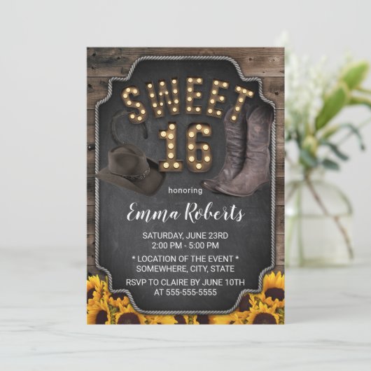 Rustic Western Cowgirl  Sunflower Sweet 16 Kaart (Staand voorkant)