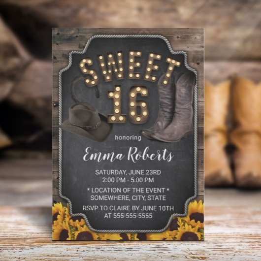 Rustic Western Cowgirl  Sunflower Sweet 16 Kaart