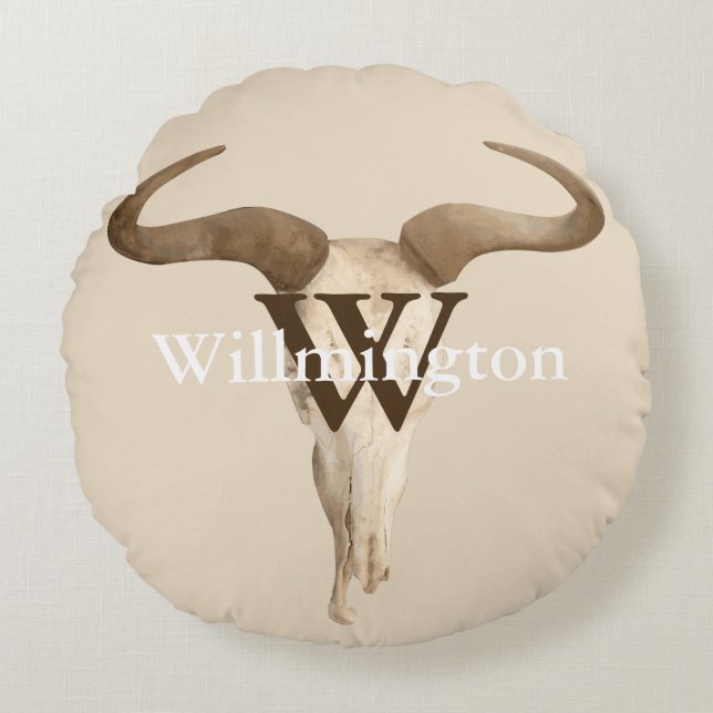 Rustic Western Prairie Koe Skull Familienaam Rond Kussen (Voorkant)