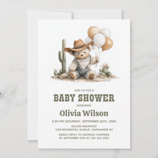 Rustic Western Teddy Bear Baby Shower Invitation Kaart (Voorkant)