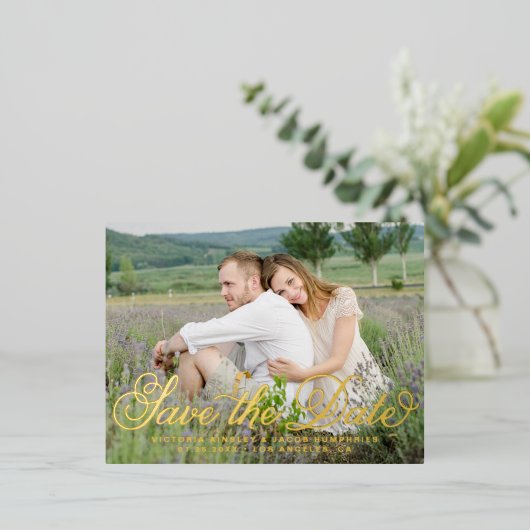 Rustic Whimsical Script Photo Save the Date Folie Uitnodiging Briefkaart (Staand Voorkant)