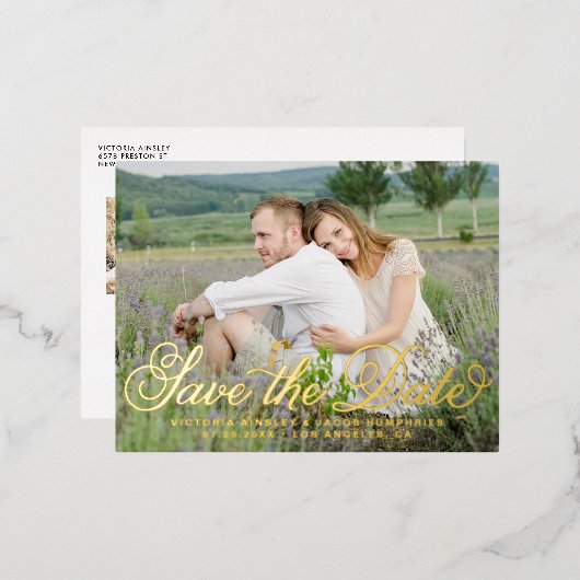 Rustic Whimsical Script Photo Save the Date Folie Uitnodiging Briefkaart (Voorkant / Achterkant)