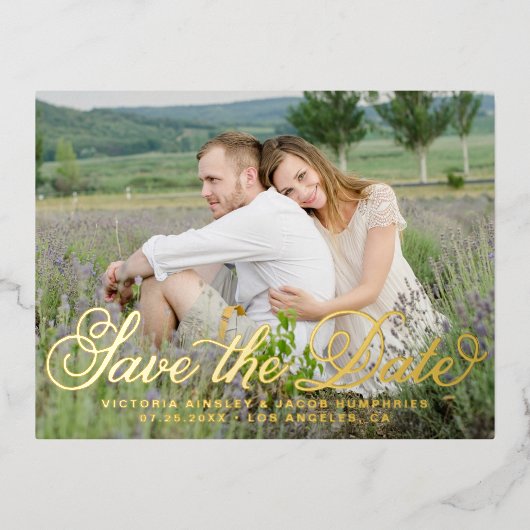 Rustic Whimsical Script Photo Save the Date Folie Uitnodiging Briefkaart (Voorkant)