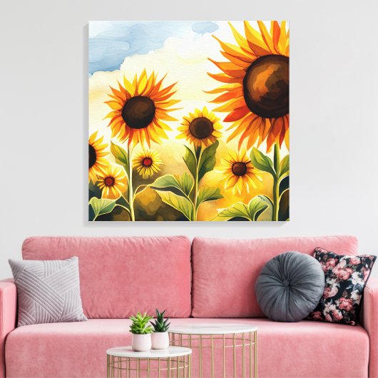 Rustic Whimsical Waterverf Sunflower Canvas Afdruk (Insitu (Woonkamer))