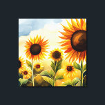 Rustic Whimsical Waterverf Sunflower Canvas Afdruk<br><div class="desc">Dit ontwerp bevat een waterverf veld gevuld met mooie zonnebloemen,  met een groene balk onderaan. Ideaal voor de zomertuin. Pas het aan met een familienaam. Maakt een geweldig Moederdag of verjaardagscadeau. Creëer door Simply Farmhouse Press.</div>