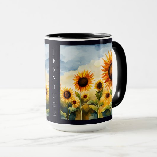 Rustic Whimsical Waterverf Sunflower Monogram Mok (Voorkant rechts)