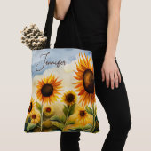 Rustic Whimsical Waterverf Sunflower Monogram Tote Bag (Dichtbij)