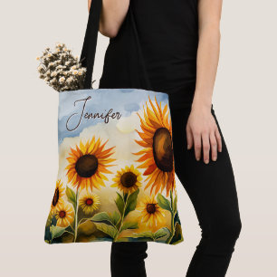Rustic Whimsical Waterverf Sunflower Monogram Tote Bag