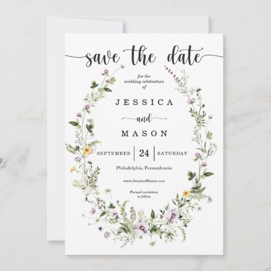 Rustic Whimsical Wildbloemen die de datum bewaren Kaart (Voorkant)