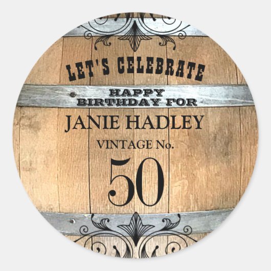 Rustic Whiskey Barrel 50th Birthday Sticker (Voorkant)
