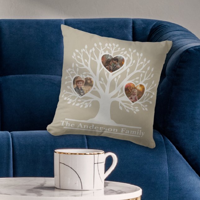 Rustic White 3 foto stamboom gepersonaliseerd Kussen (Rustic White 3 Photo Family Tree Personalized Throw Pillow)