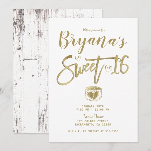 Rustic White Barn Wood Gold Sweet 16 Party Kaart (Voorkant / Achterkant)