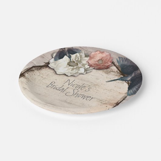 Rustic White Birch Floral & Hummingbird Elegant Papieren Bordje (Gekanteld)