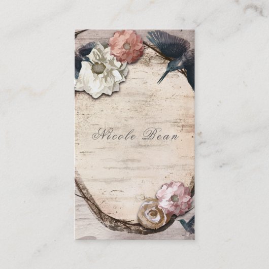 Rustic White Birch Floral & Hummingbird Elegant Visitekaartje (Voorkant)
