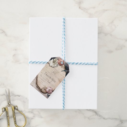 Rustic White Birch Floral & Hummingbird Favor Cadeaulabel (Met Touw)