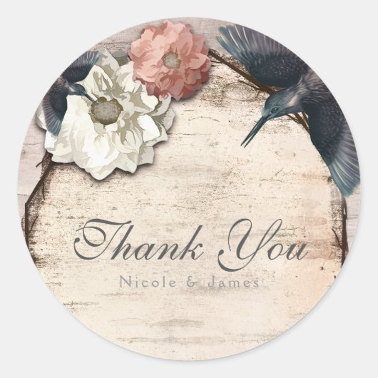 Rustic White Birch Floral & Hummingbird Favor Ronde Sticker (Voorkant)