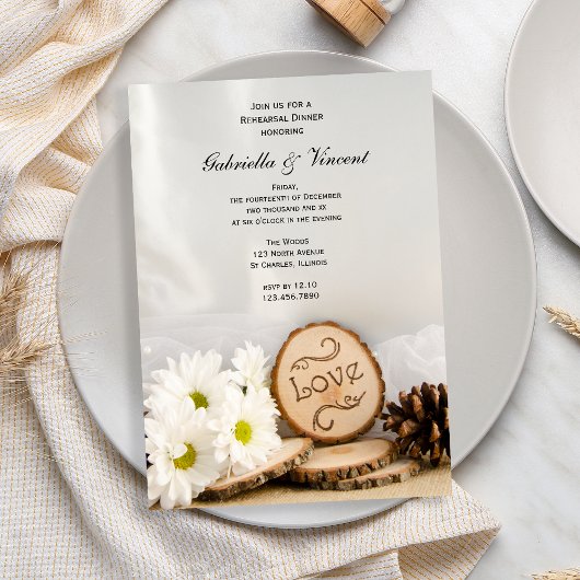 Rustic White Daisies Woodland Rehearsal Dinner Kaart