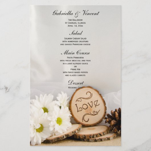 Rustic White Daisies Woodland Wedding Menu (Voorkant)