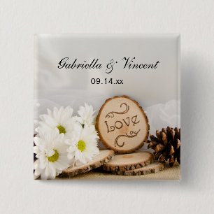 Rustic White Daisies Woodland Wedding Vierkante Button 5,1 Cm