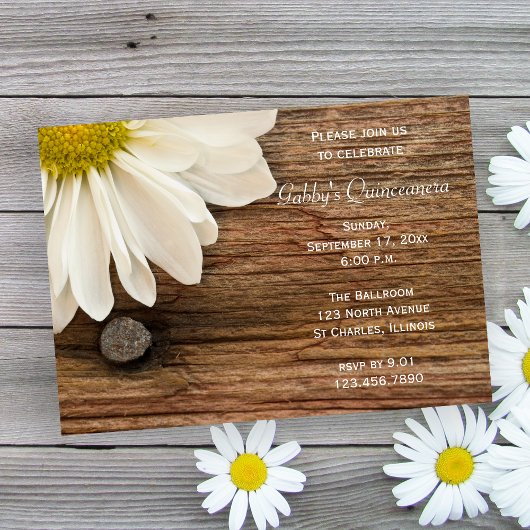 Rustic White Daisy Barn Wood Country Quinceanera Kaart