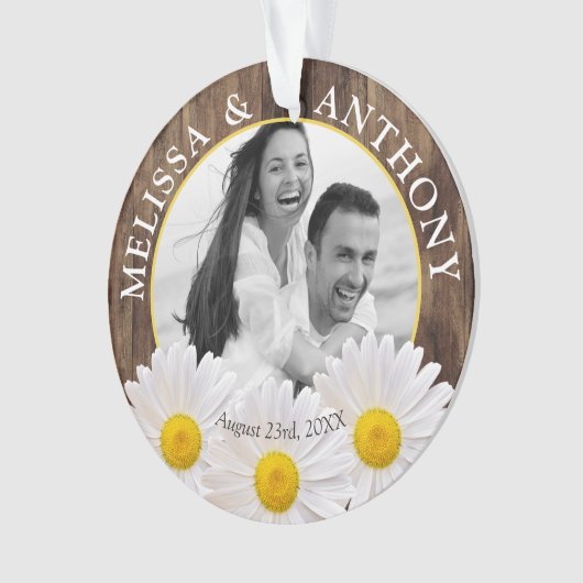 Rustic White Daisy Photo Wedding Save the Date Ornament (voorkant)