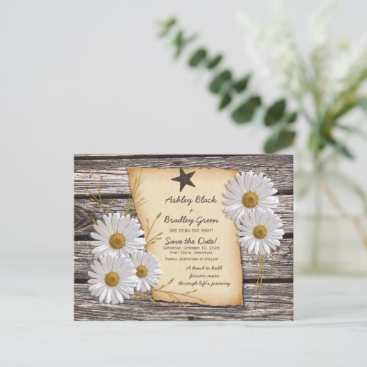 Rustic White Daisy Western Wedding Save the Date Aankondigingskaart (Staand voorkant)