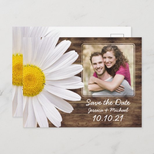 Rustic White Daisy Wood Foto bruiloft Opslagdatum Aankondigingskaart (Voorkant / Achterkant)