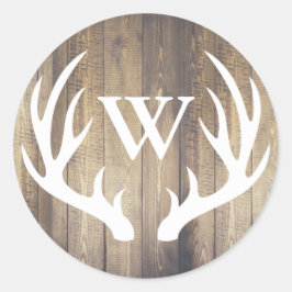 Rustic White Deer Antlers Barn Wood | Monogram Ronde Sticker