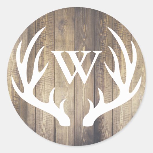 Rustic White Deer Antlers Barn Wood | Monogram Ronde Sticker (Voorkant)