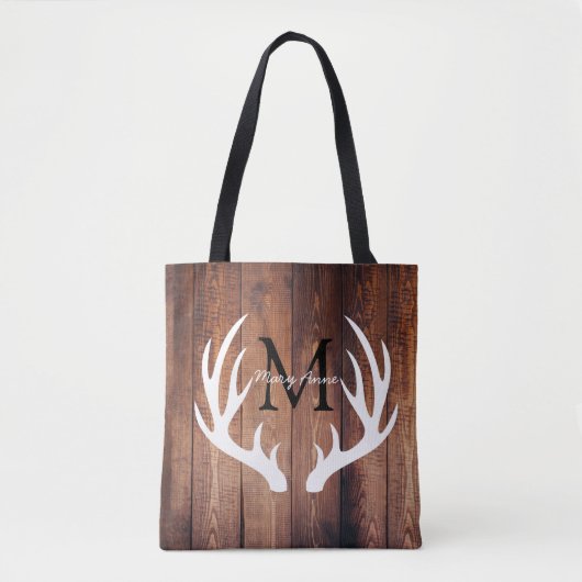 Rustic White Deer Antlers Barn Wood & Name Tote Bag (Voorkant)