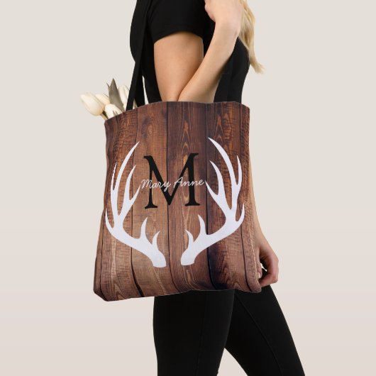 Rustic White Deer Antlers Barn Wood & Name Tote Bag (Dichtbij)