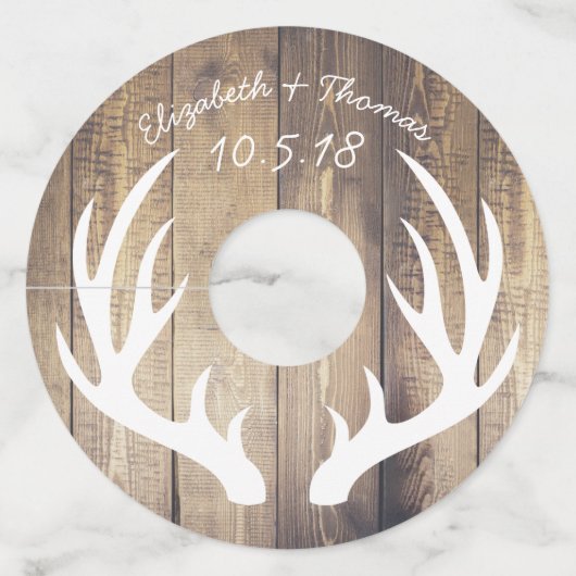Rustic White Deer Antlers & Barn Wood Wedding Wijnglaslabel (Voorkant)