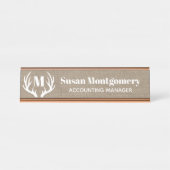 Rustic White Deer Antlers Faux Burlap Bureau Naambordje (Voorkant)