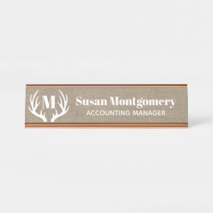 Rustic White Deer Antlers Faux Burlap Bureau Naambordje