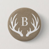 Rustic White Deer Antlers & Faux Burlap | Monogram Ronde Button 5,7 Cm (Voorkant)