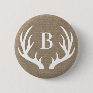 Rustic White Deer Antlers & Faux Burlap   Monogram Ronde Button 5,7 Cm