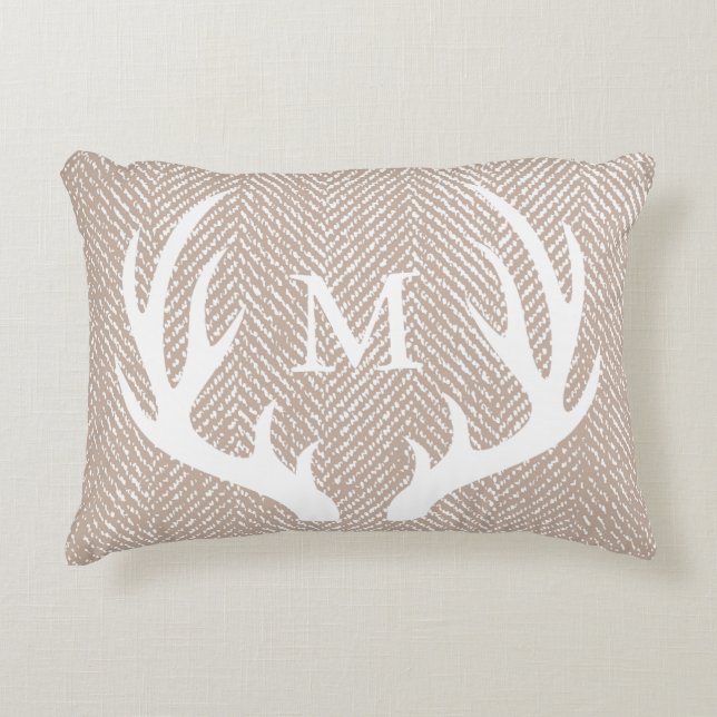 Rustic White Deer Antlers & Taupe Herringbone Accent Kussen (Voorkant)