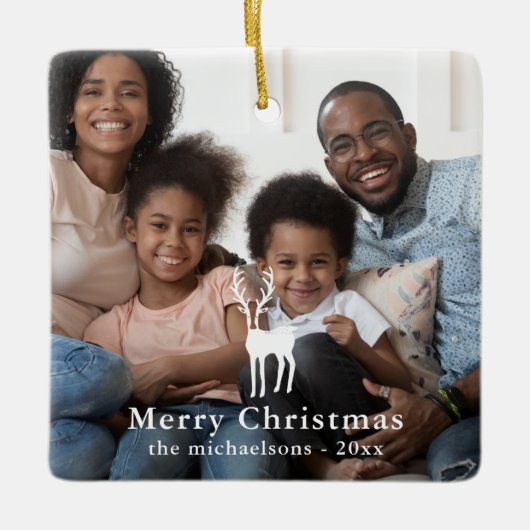 Rustic White Deer Kerstfeestdag Foto Keramisch Ornament (Voorkant)