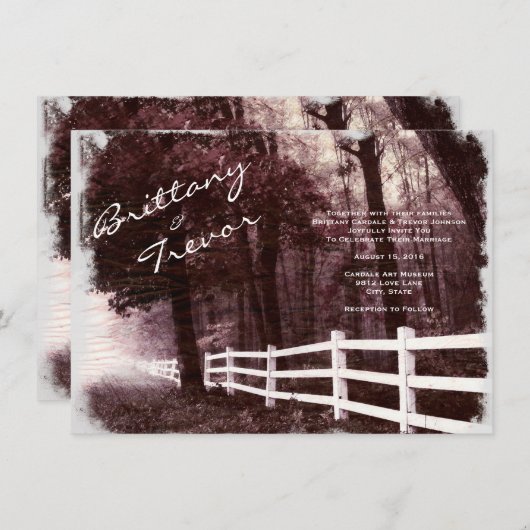 Rustic White Fence Forest Tree Wedding Invitations Kaart (Voorkant / Achterkant)