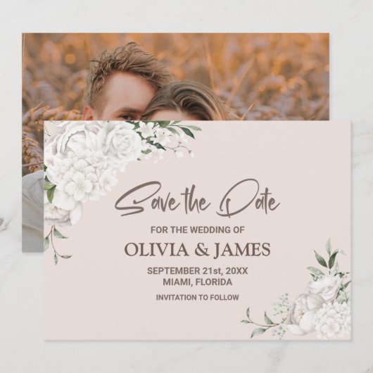 Rustic White Floral Custom Photo Wedding Save The Date (Voorkant / Achterkant)