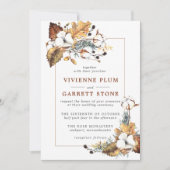 Rustic White Floral Gold Autumn Leaves Wedding Kaart (Voorkant)