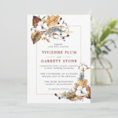 Rustic White Floral Gold Autumn Leaves Wedding Kaart (Staand voorkant)