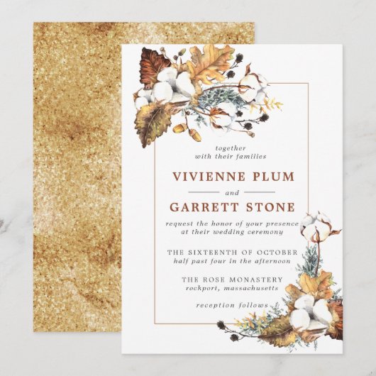 Rustic White Floral Gold Autumn Leaves Wedding Kaart (Voorkant / Achterkant)