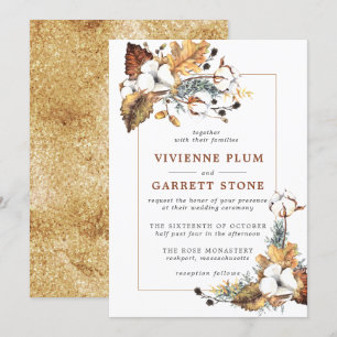 Rustic White Floral Gold Autumn Leaves Wedding Kaart