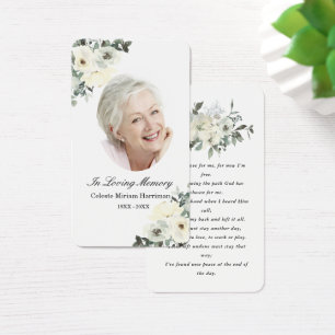 Rustic White Floral Photo Funeral Prayer Card Visitekaartje