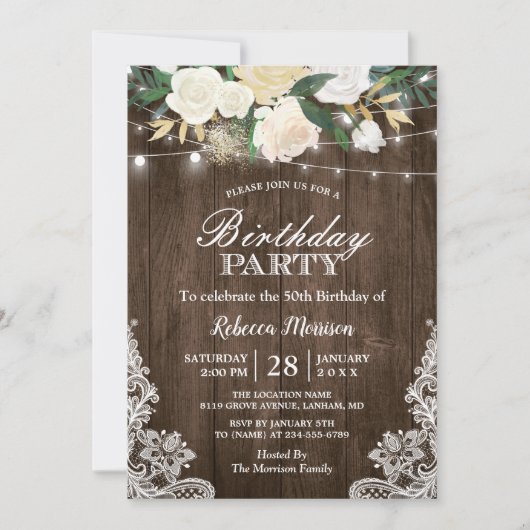 Rustic White Floral String Lights Birthday Party Kaart (Voorkant)